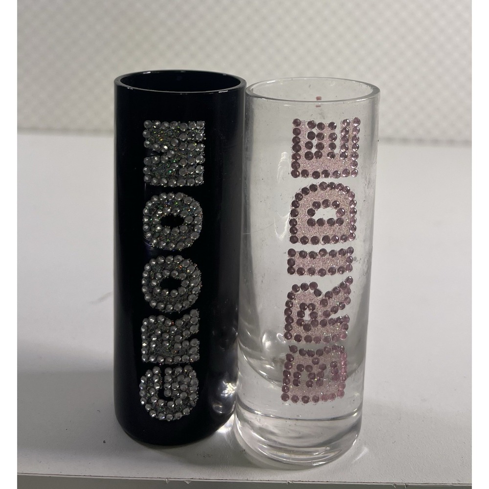 Bride And Groom ~ 4.00" ~ VGC ~‎ Shot Glass Black And Clear Embellished Wedding